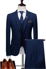 Formal Navy Blue Three-Piece Notched Lapel Business Suit