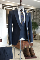 Formal Navy Blue Three-Piece Peaked Lapel Business Suit