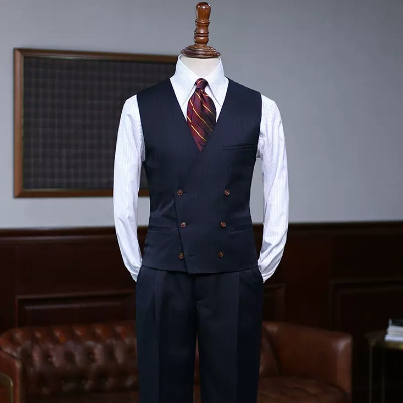 Formal Navy Peak Lapel Three-Piece Business Suit Ensemble