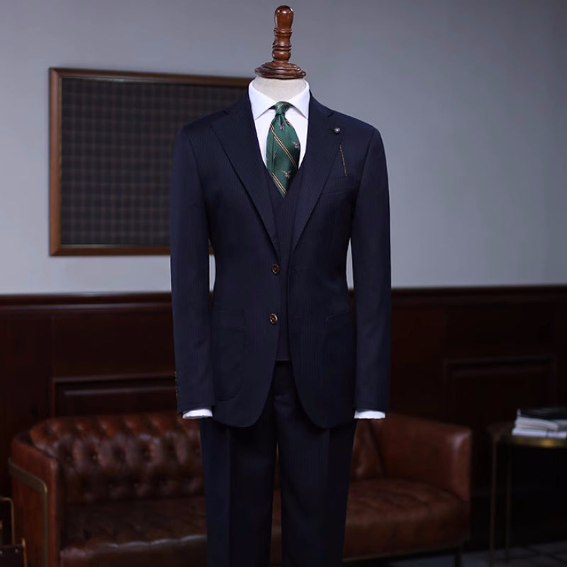 Formal Navy Peak Lapel Three-Piece Business Suit Ensemble