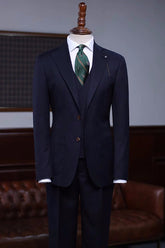 Formal Navy Peak Lapel Three-Piece Business Suit Ensemble