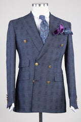 Formal Navy Plaid Double Breasted Peak Lapel Business Suits