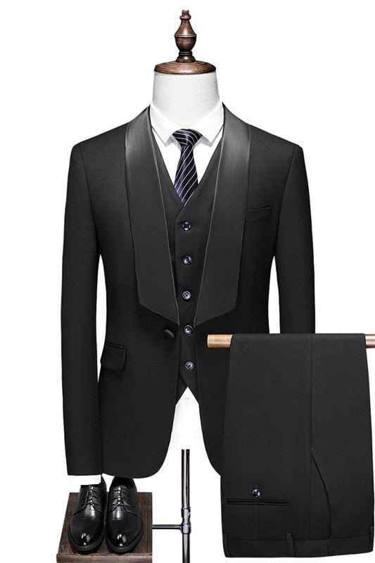 Formal Tailored Black Shawl Lapel Three-Piece Suit for Men
