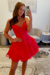 Fuchsia A Line Sweetheart Short Corset Homecoming Dress with Ruffles