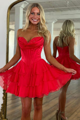 Fuchsia A Line Sweetheart Short Corset Homecoming Dress with Ruffles