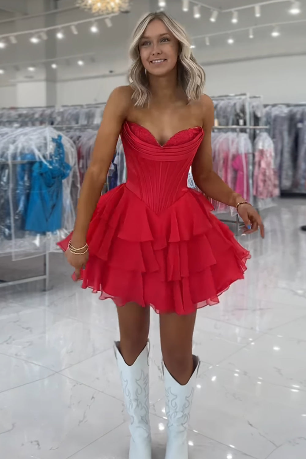 Fuchsia A Line Sweetheart Short Corset Homecoming Dress with Ruffles