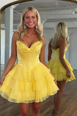 Fuchsia A Line Sweetheart Short Corset Homecoming Dress with Ruffles