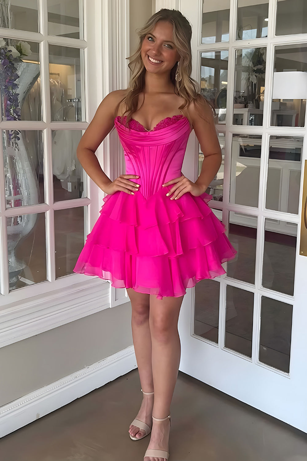 Fuchsia A Line Sweetheart Short Corset Homecoming Dress with Ruffles