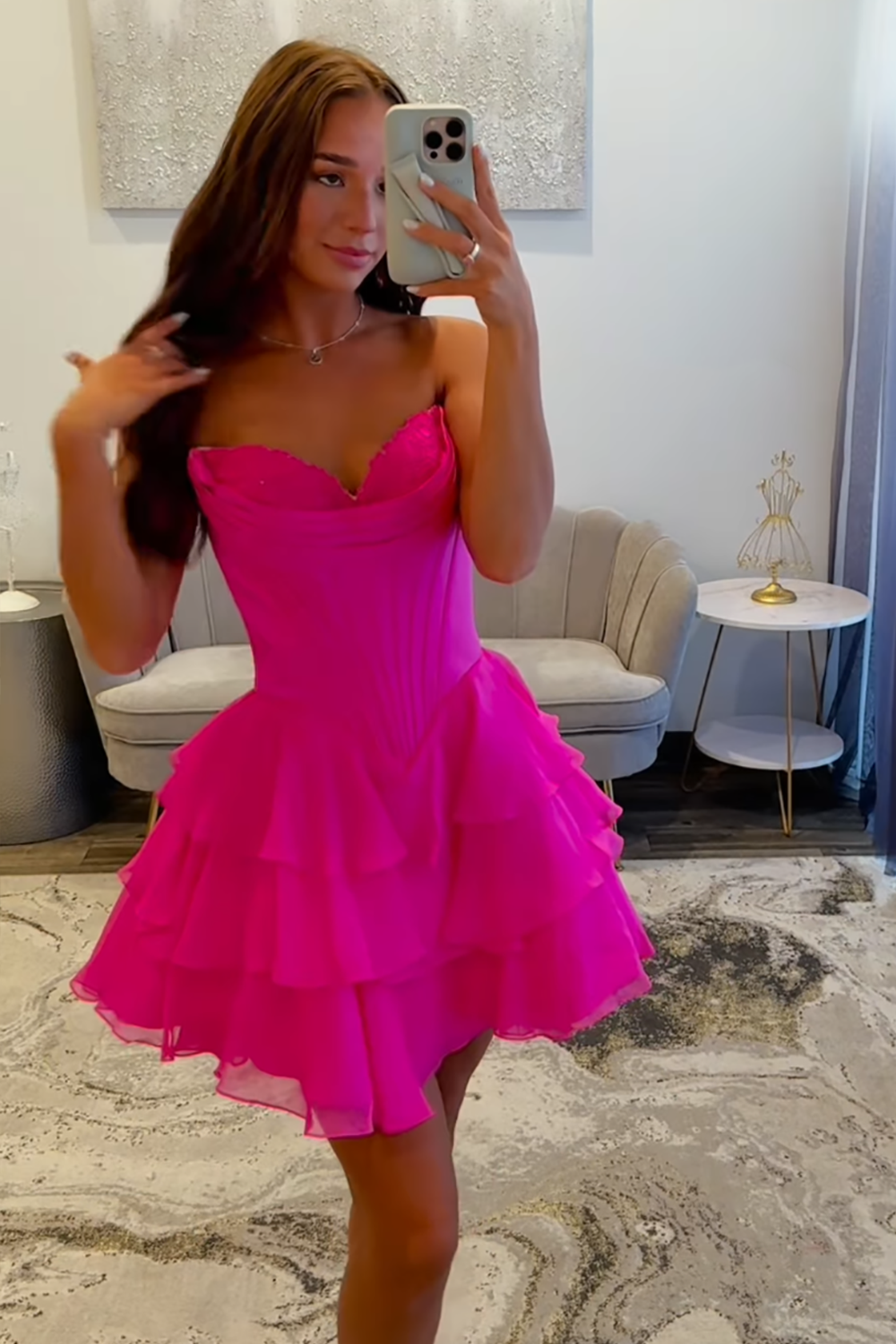 Fuchsia A Line Sweetheart Short Corset Homecoming Dress with Ruffles