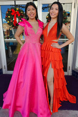 Fuchsia Beaded Halter Neck Corset Prom Dress with Sparkly Tiered A-Line and Slit