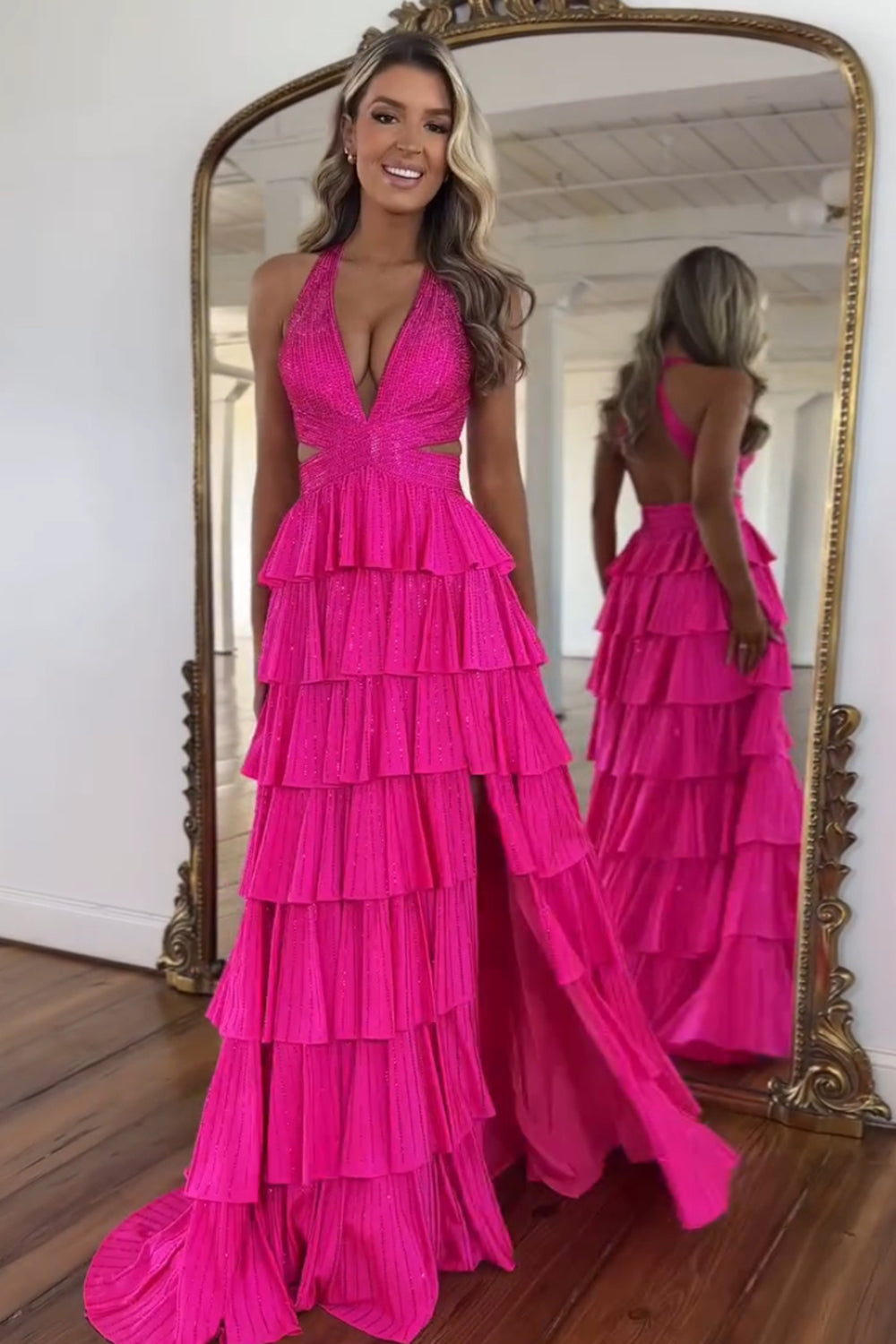 Fuchsia Beaded Halter Neck Corset Prom Dress with Sparkly Tiered A-Line and Slit