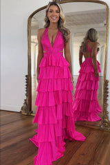 Fuchsia Beaded Halter Neck Corset Prom Dress with Sparkly Tiered A-Line and Slit
