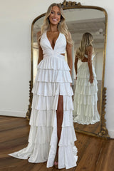 Fuchsia Beaded Halter Neck Corset Prom Dress with Sparkly Tiered A-Line and Slit