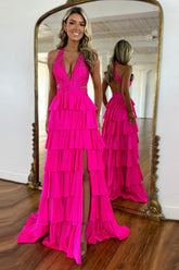 Fuchsia Beaded Halter Neck Corset Prom Dress with Sparkly Tiered A-Line and Slit