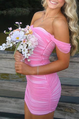 Fuchsia Bodycon Off the Shoulder Ruched Mini Party Dress