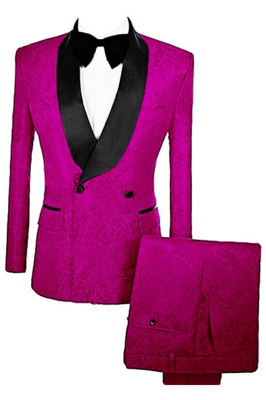 Fuchsia Double Breasted Jacquard Close-Fitting Groom's Suit With Velvet Lapel