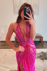 Fuchsia Glitter Beaded Mermaid Prom Dress with Halter Neck and Slit