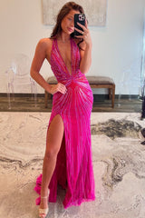Fuchsia Glitter Beaded Mermaid Prom Dress with Halter Neck and Slit