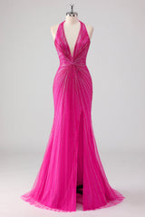 Fuchsia Halter Deep V-Neck All-Over Rhinestone Beading Sequined Mermaid Prom Dress Open Back Side Slit Sweep Train