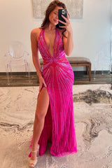Fuchsia Halter Deep V-Neck All-Over Rhinestone Beading Sequined Mermaid Prom Dress Open Back Side Slit Sweep Train