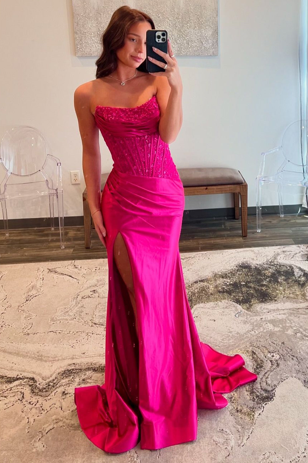 Fuchsia Mermaid Corset Prom Dress with Sparkly Sequins Strapless and Long in Satin