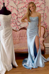 Fuchsia Mermaid Corset Prom Dress with Sparkly Sequins Strapless and Long in Satin