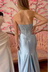 Fuchsia Mermaid Corset Prom Dress with Sparkly Sequins Strapless and Long in Satin