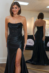 Fuchsia Mermaid Corset Prom Dress with Sparkly Sequins Strapless and Long in Satin