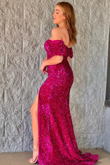 Fuchsia Sequined Long Prom Dress with Off-Shoulder Mermaid Neckline and Front Split