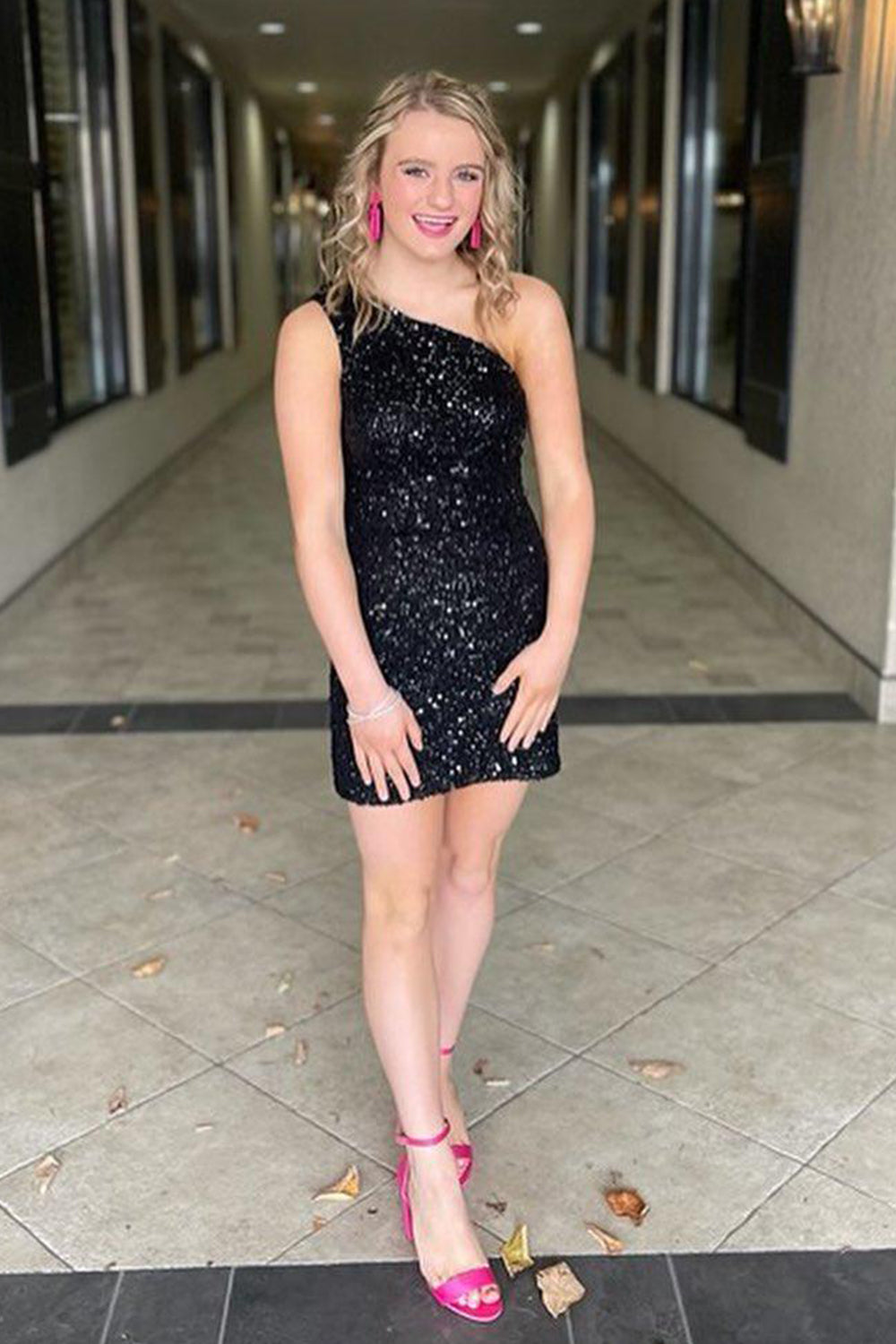 Fuchsia Sequins One Shoulder Homecoming Dress