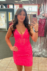 Fuchsia Spaghetti Straps Deep V-Neck Illusion Floral Sequin Embroidery Boned Corset Lace-Up Back Bodycon Homecoming Dress Mini