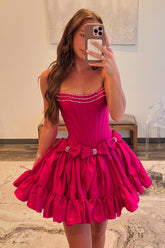 Fuchsia Strapless A-Line Satin Short Homecoming Dress with Bow
