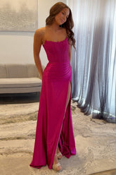 Magenta strapless applique mermaid prom dress