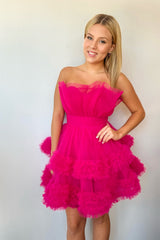 Fuchsia Strapless Scalloped Tulle Multi-Tier Ruffle Bubble A-Line Short Homecoming Dress