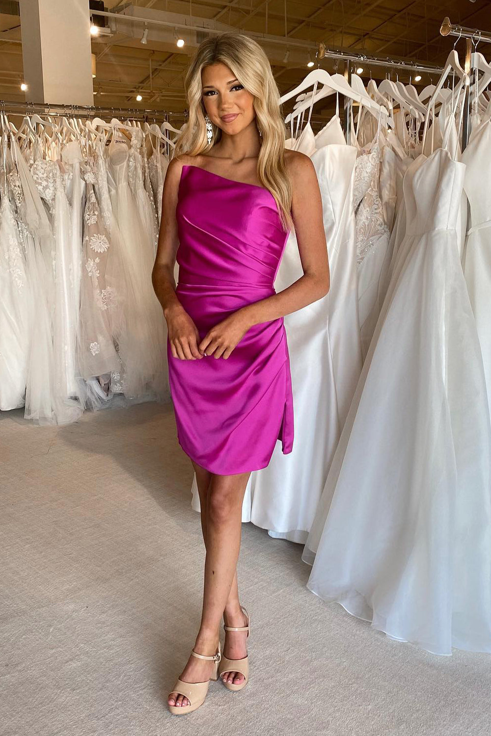 Fuchsia Strapless Sheath Satin Ruched Short Homecoming Dress