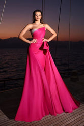 Fuchsia Strapless Sleeveless A-Line Satin Ruched Beaded Floor Length Formal Evening Gown
