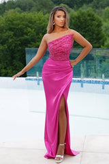 Hot pink strapless beaded column evening dress