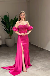 Fuchsia Sweetheart Detachable Cap Sleeves Column Satin Beaded High Formal Evening Gown