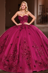 Fuchsia Sweetheart Sleeveless Floral Applique Beaded Ball Gown Quinceanera Dress