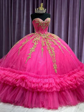 Fuchsia Sweetheart Sleeveless Gold Lace Applique Tiered Ball Gown Quinceanera Dress