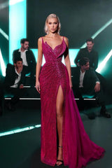 Fuchsia V-Neck Spaghetti Straps Sequined Mermaid Fit Flare High Slit Floor Evening Gown