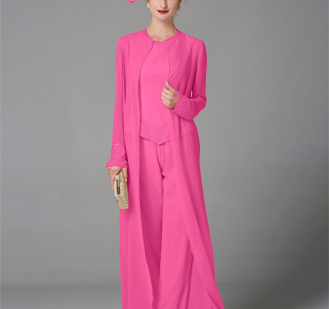 Chiffon Long Sleeves Mother Of The Bride Pantsuits With Jacket Sequins