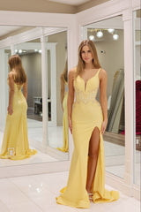 Funky Daffodil V-Neck Sleeveless Mermaid Prom Dress with Sequins and Slit