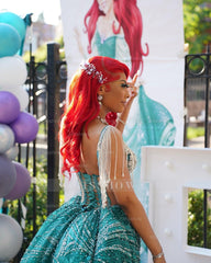 Funky Jade V-Neck Sleeveless High-Low Prom Dress with Rhinestones