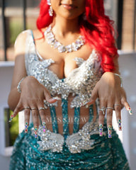 Funky Jade V-Neck Sleeveless High-Low Prom Dress with Rhinestones