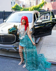 Funky Jade V-Neck Sleeveless High-Low Prom Dress with Rhinestones