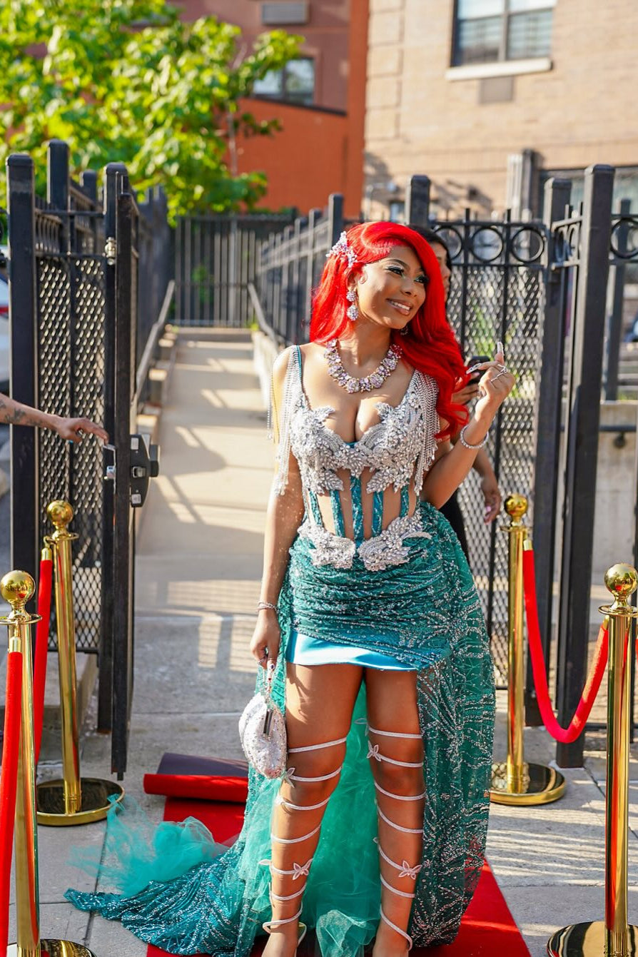 Funky Jade V-Neck Sleeveless High-Low Prom Dress with Rhinestones