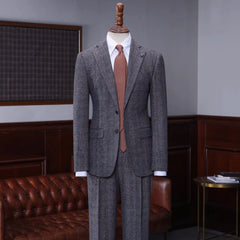 Generous Dark Gray Plaid Notched Lapel Business Suit