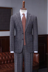 Generous Dark Gray Plaid Notched Lapel Business Suit