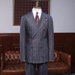 Generous Dark Gray Striped Double Breasted Peaked Lapel Business Suit